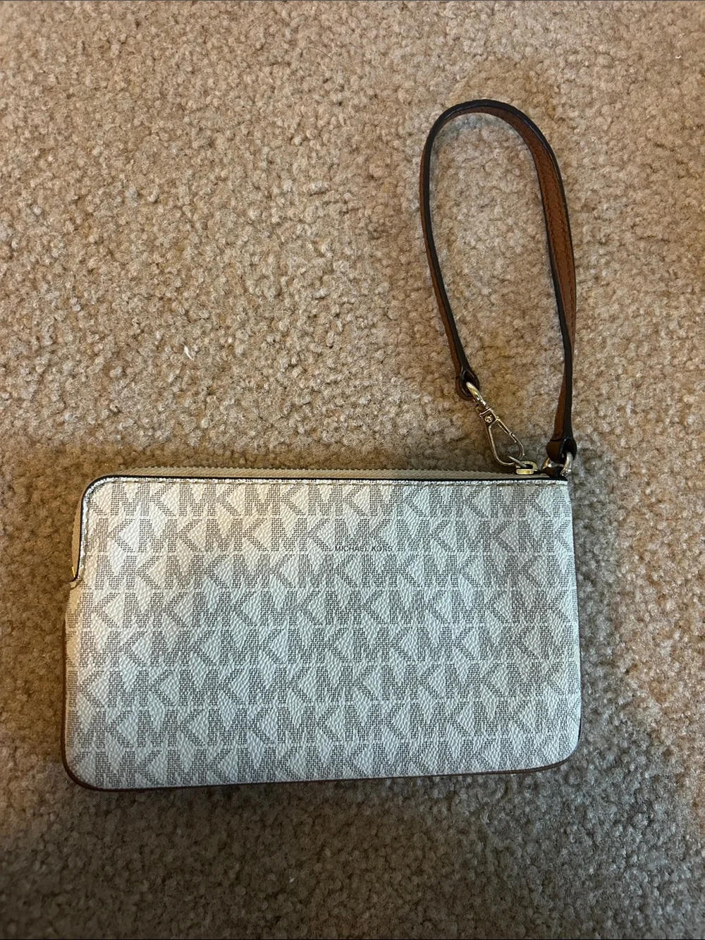 Michael Kors White Logo Wristlet with Tan Trim and Gold Hardware